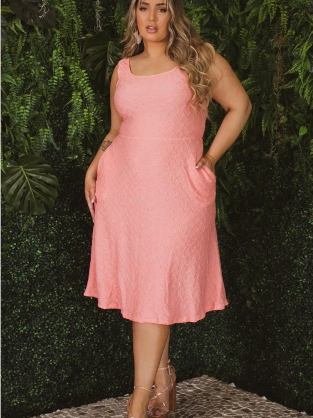 Sleeveless Textured Midi Dress in Soft Pink with Pockets